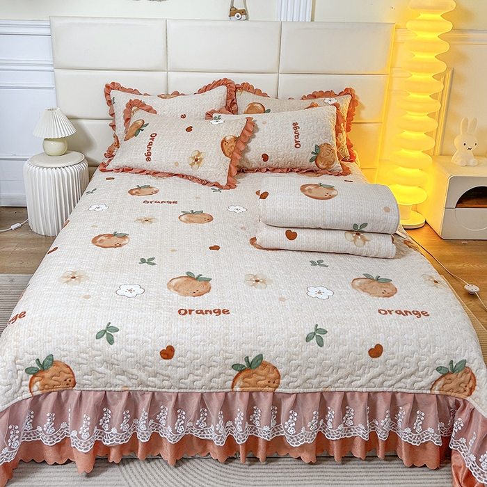 91家纺网 家纺一手货源 找家纺 梦柏家纺 2025新款牛奶绒夹棉床盖四件套 桔子