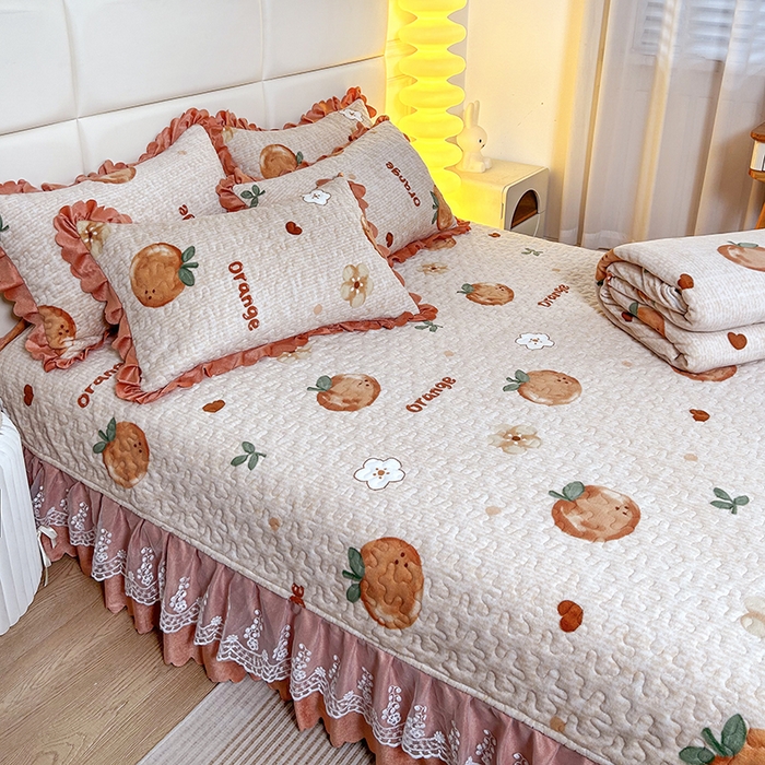 91家纺网 家纺一手货源 找家纺 梦柏家纺 2025新款牛奶绒夹棉床盖四件套 桔子