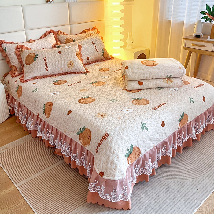 91家纺网 家纺一手货源 找家纺 梦柏家纺 2025新款牛奶绒夹棉床盖四件套 桔子