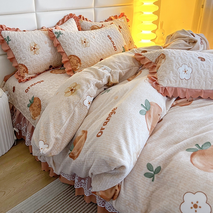 91家纺网 家纺一手货源 找家纺 梦柏家纺 2025新款牛奶绒夹棉床盖四件套 桔子