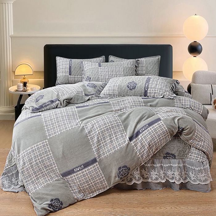 梦柏家纺 2025新款牛奶绒夹棉床盖四件套 恋爱山茶