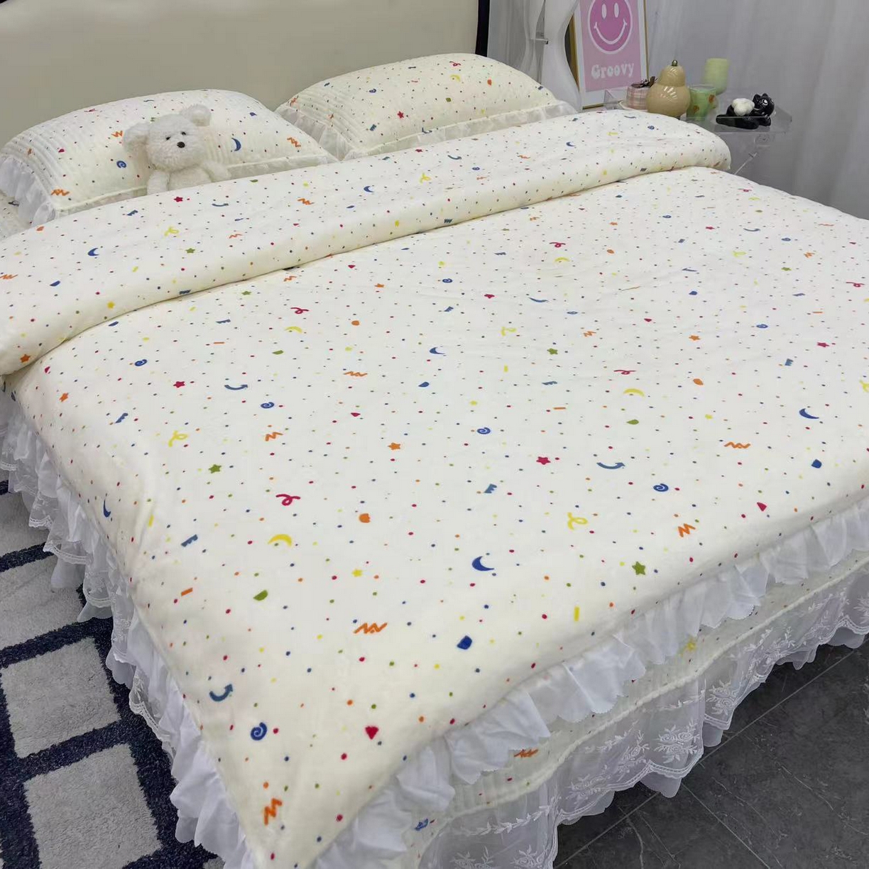 禧瑞谷 2025新款冬季牛奶绒双层蕾丝花边床盖三件套床盖四件套 星月小确幸