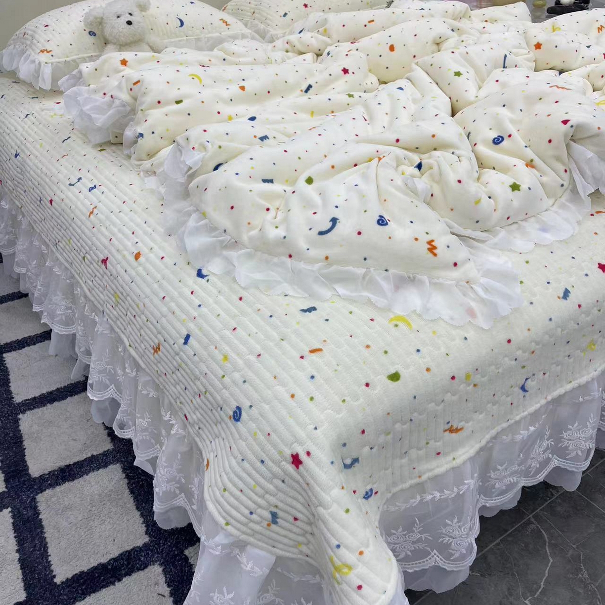 91家纺网 家纺一手货源 找家纺 禧瑞谷 2025新款冬季牛奶绒双层蕾丝花边床盖三件套床盖四件套 星月小确幸