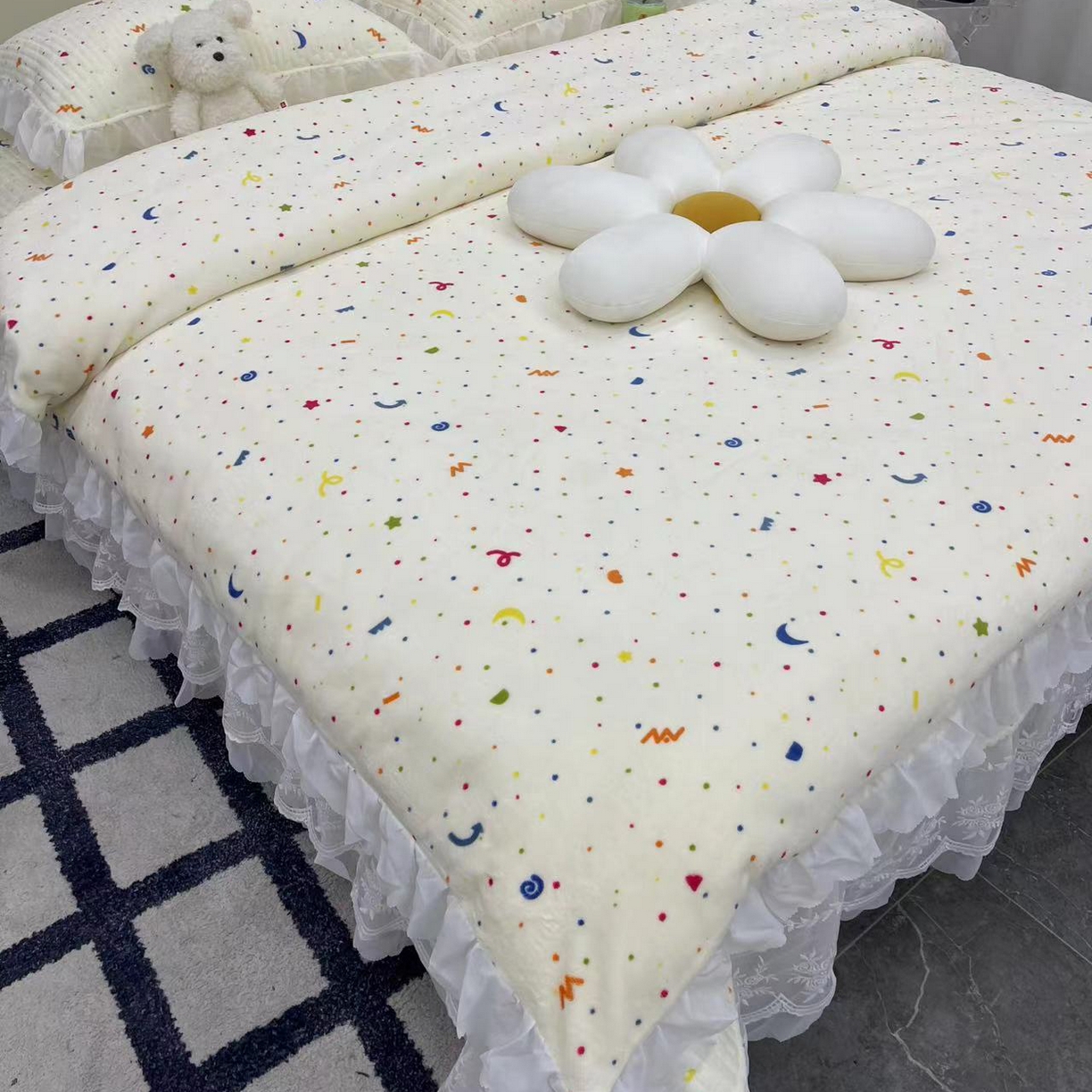 91家纺网 家纺一手货源 找家纺 禧瑞谷 2025新款冬季牛奶绒双层蕾丝花边床盖三件套床盖四件套 星月小确幸