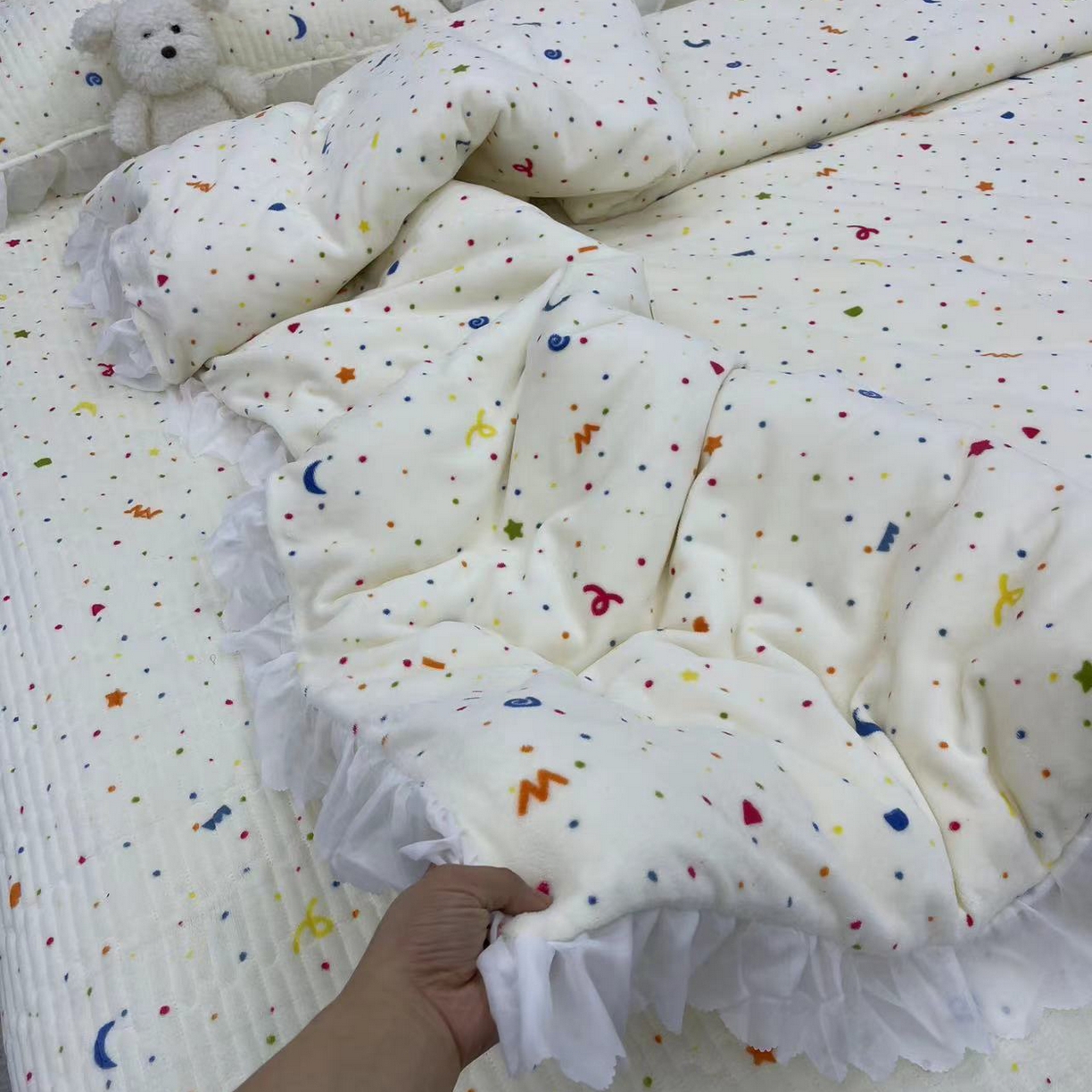 91家纺网 家纺一手货源 找家纺 禧瑞谷 2025新款冬季牛奶绒双层蕾丝花边床盖三件套床盖四件套 星月小确幸