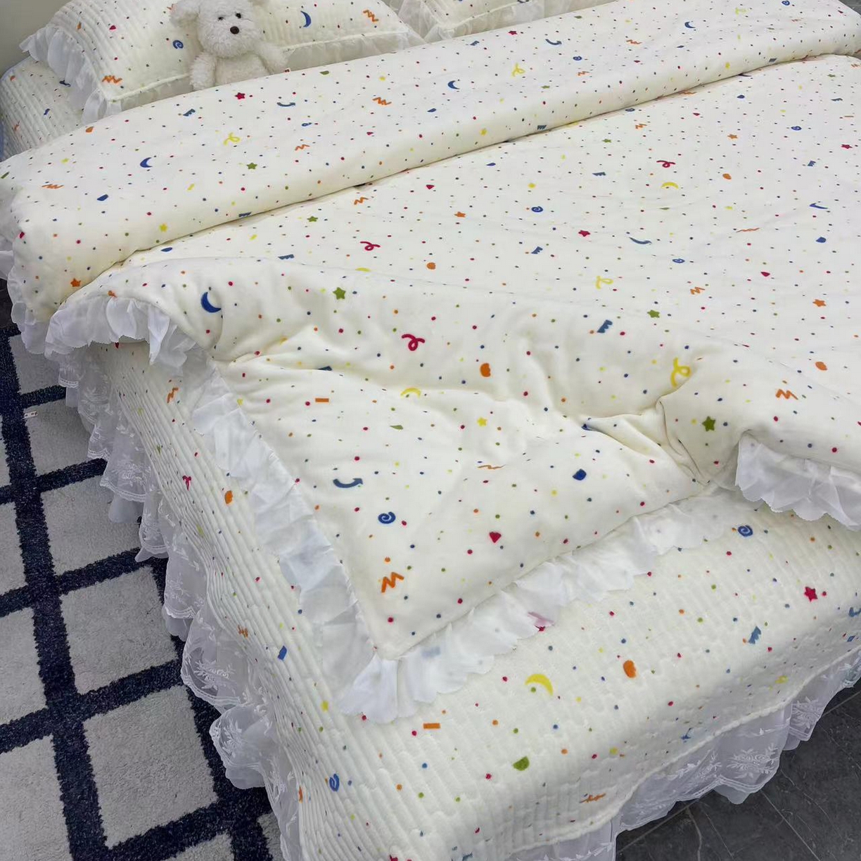 91家纺网 家纺一手货源 找家纺 禧瑞谷 2025新款冬季牛奶绒双层蕾丝花边床盖三件套床盖四件套 星月小确幸