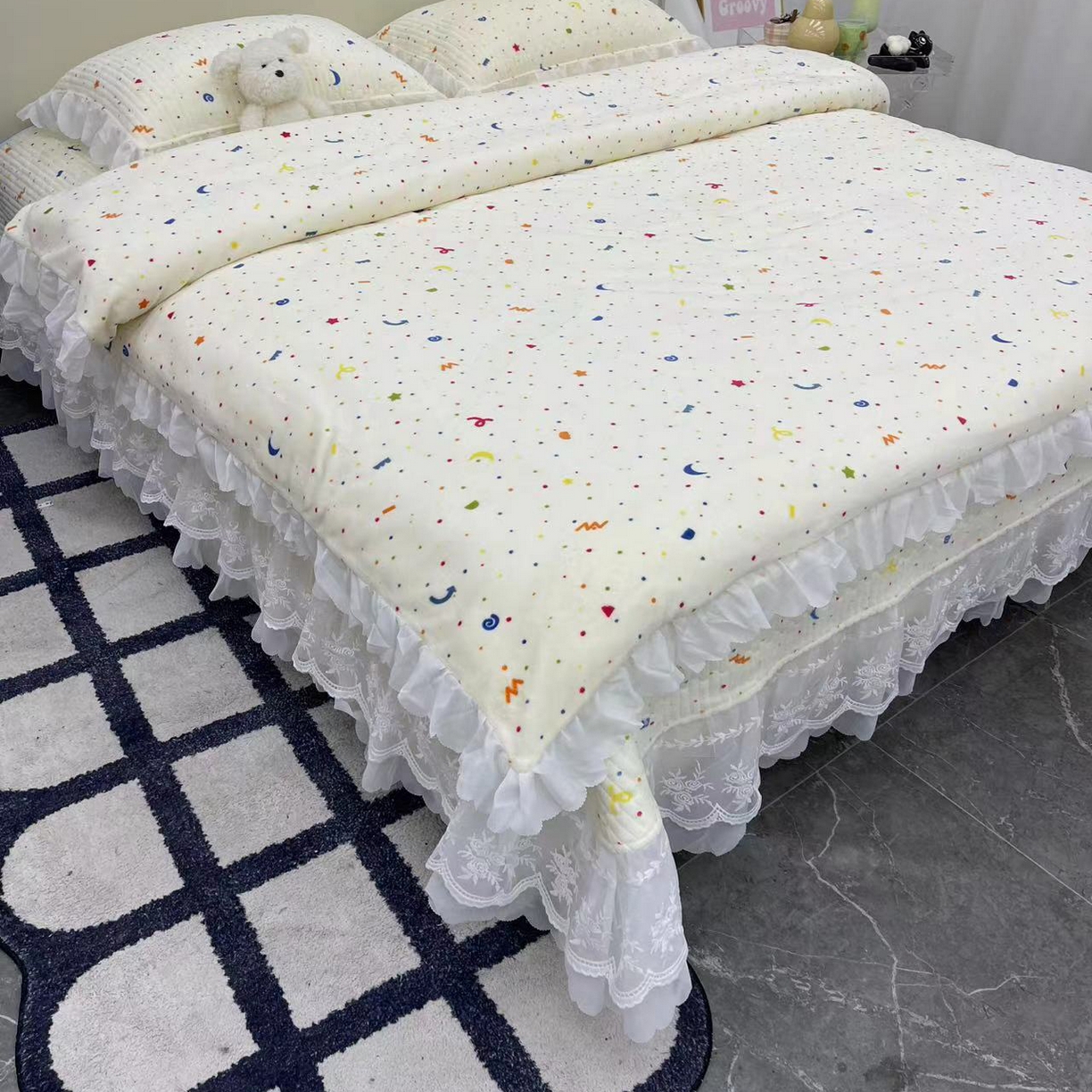 91家纺网 家纺一手货源 找家纺 禧瑞谷 2025新款冬季牛奶绒双层蕾丝花边床盖三件套床盖四件套 星月小确幸