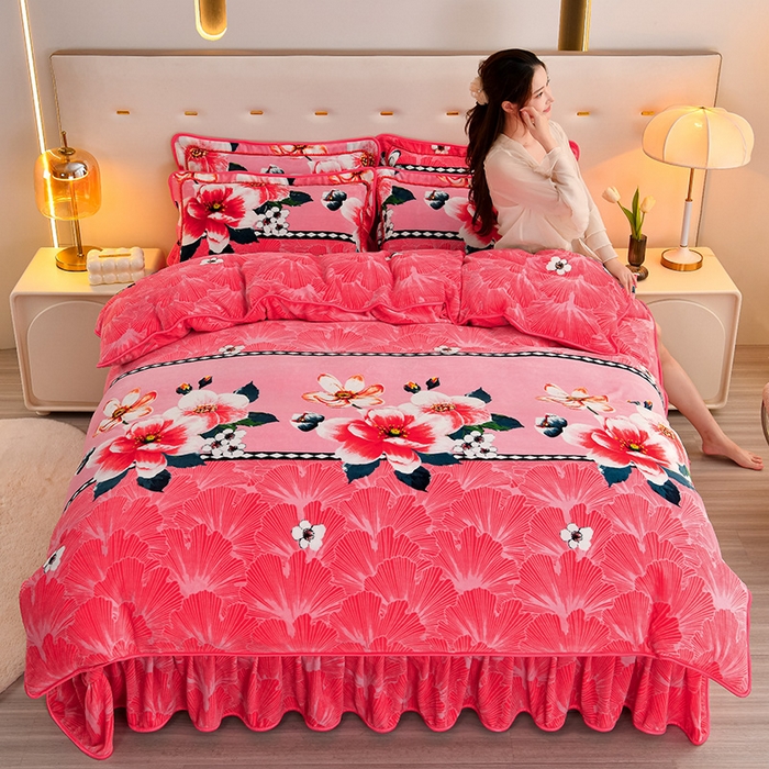 91家纺网 家纺一手货源 找家纺 新8.5-9.5斤法莱绒四件套珊瑚牛奶金貂绒四件套床裙 春暖花开