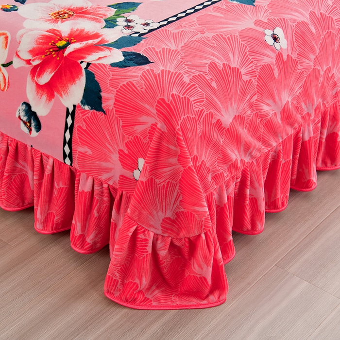 91家纺网 家纺一手货源 找家纺 新8.5-9.5斤法莱绒四件套珊瑚牛奶金貂绒四件套床裙 春暖花开