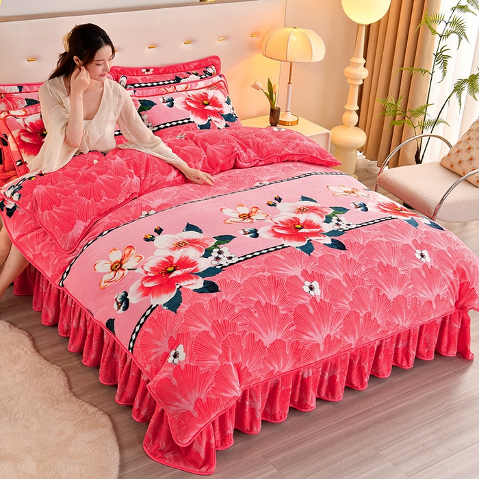 91家纺网 家纺一手货源 找家纺 新8.5-9.5斤法莱绒四件套珊瑚牛奶金貂绒四件套床裙 春暖花开