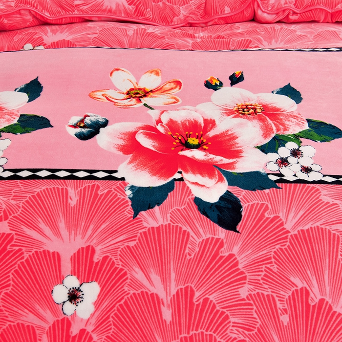 91家纺网 家纺一手货源 找家纺 新8.5-9.5斤法莱绒四件套珊瑚牛奶金貂绒四件套床裙 春暖花开