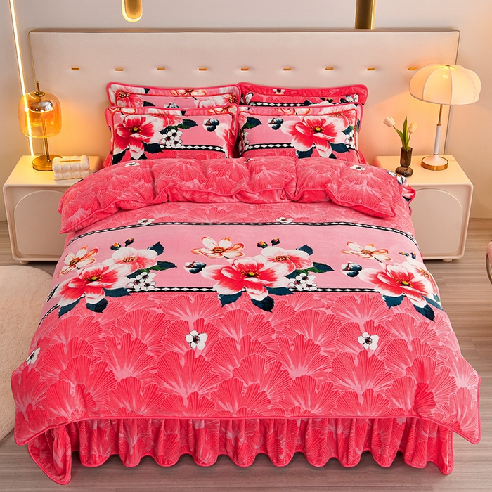 91家纺网 家纺一手货源 找家纺 新8.5-9.5斤法莱绒四件套珊瑚牛奶金貂绒四件套床裙 春暖花开