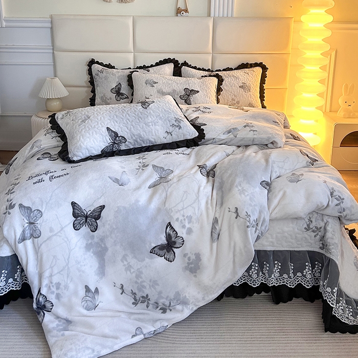 梦柏家纺 2025新款牛奶绒夹棉床盖四件套 梦蝶