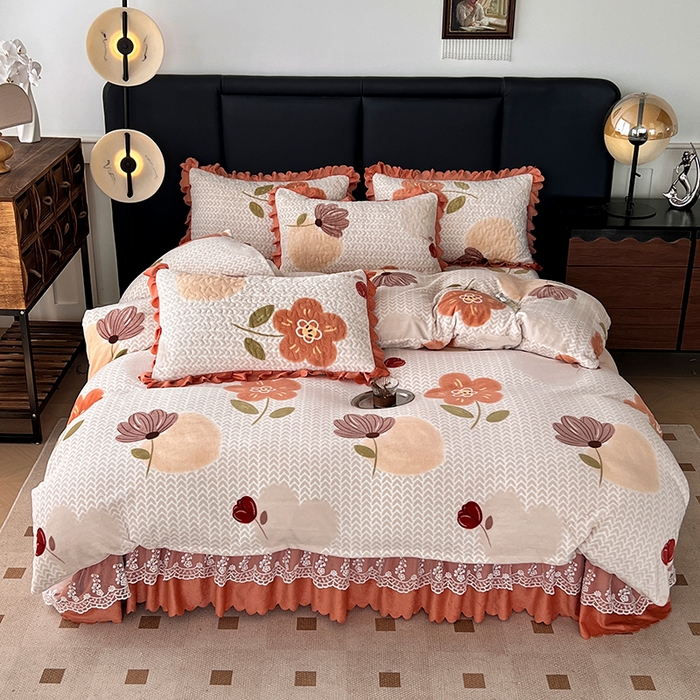 91家纺网 家纺一手货源 找家纺 梦柏家纺 2025新款牛奶绒夹棉床盖四件套 秋意暖花