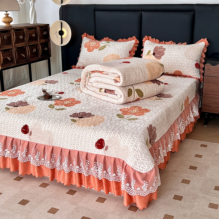 91家纺网 家纺一手货源 找家纺 梦柏家纺 2025新款牛奶绒夹棉床盖四件套 秋意暖花