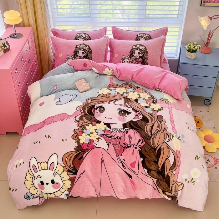 91家纺网 家纺一手货源 找家纺 （总）宝薇 2025新款双面牛奶绒大版卡通印花四件套