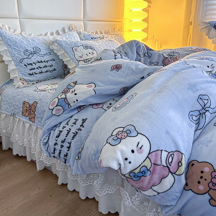 91家纺网 家纺一手货源 找家纺 梦柏家纺 2025新款牛奶绒夹棉床盖四件套 kt公主