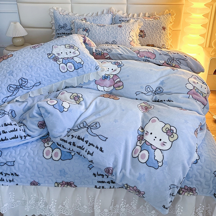 91家纺网 家纺一手货源 找家纺 梦柏家纺 2025新款牛奶绒夹棉床盖四件套 kt公主