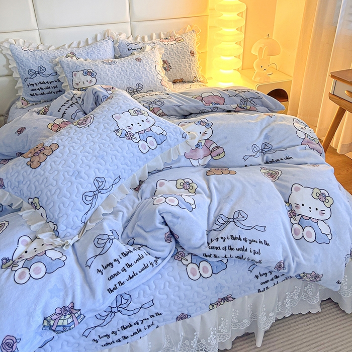 91家纺网 家纺一手货源 找家纺 梦柏家纺 2025新款牛奶绒夹棉床盖四件套 kt公主