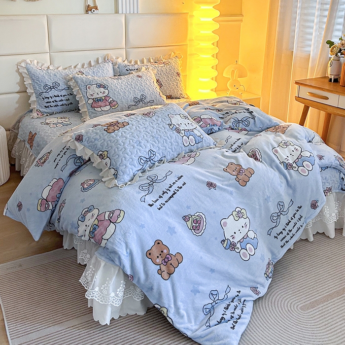 91家纺网 家纺一手货源 找家纺 梦柏家纺 2025新款牛奶绒夹棉床盖四件套 kt公主