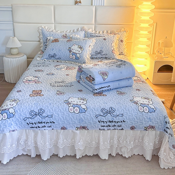 91家纺网 家纺一手货源 找家纺 梦柏家纺 2025新款牛奶绒夹棉床盖四件套 kt公主