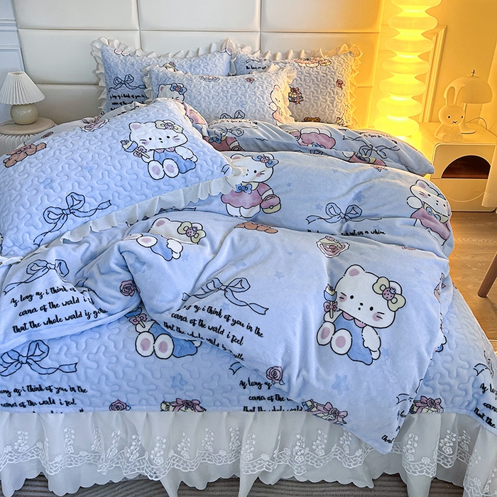 91家纺网 家纺一手货源 找家纺 梦柏家纺 2025新款牛奶绒夹棉床盖四件套 kt公主