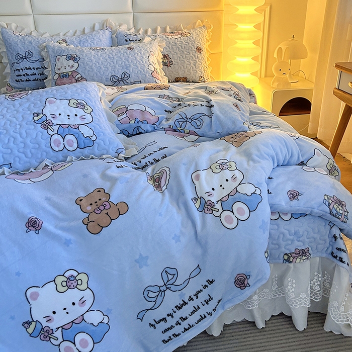 91家纺网 家纺一手货源 找家纺 梦柏家纺 2025新款牛奶绒夹棉床盖四件套 kt公主