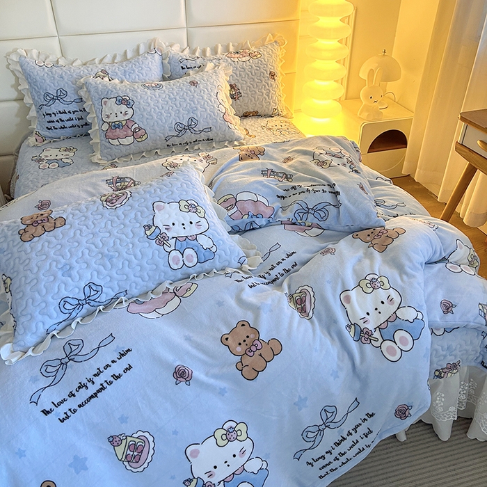 91家纺网 家纺一手货源 找家纺 梦柏家纺 2025新款牛奶绒夹棉床盖四件套 kt公主