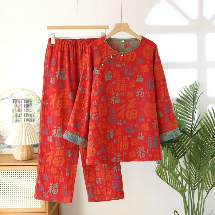 91家纺网 家纺一手货源 找家纺 （总）双梦毛巾 2025新款色织复古无领珠扣九分女套红福