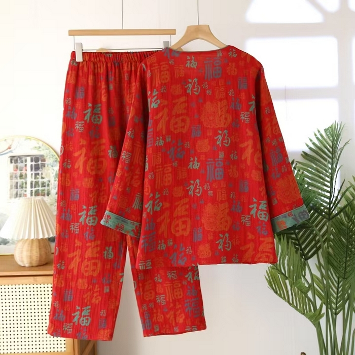 91家纺网 家纺一手货源 找家纺 （总）双梦毛巾 2025新款色织复古无领珠扣九分女套红福