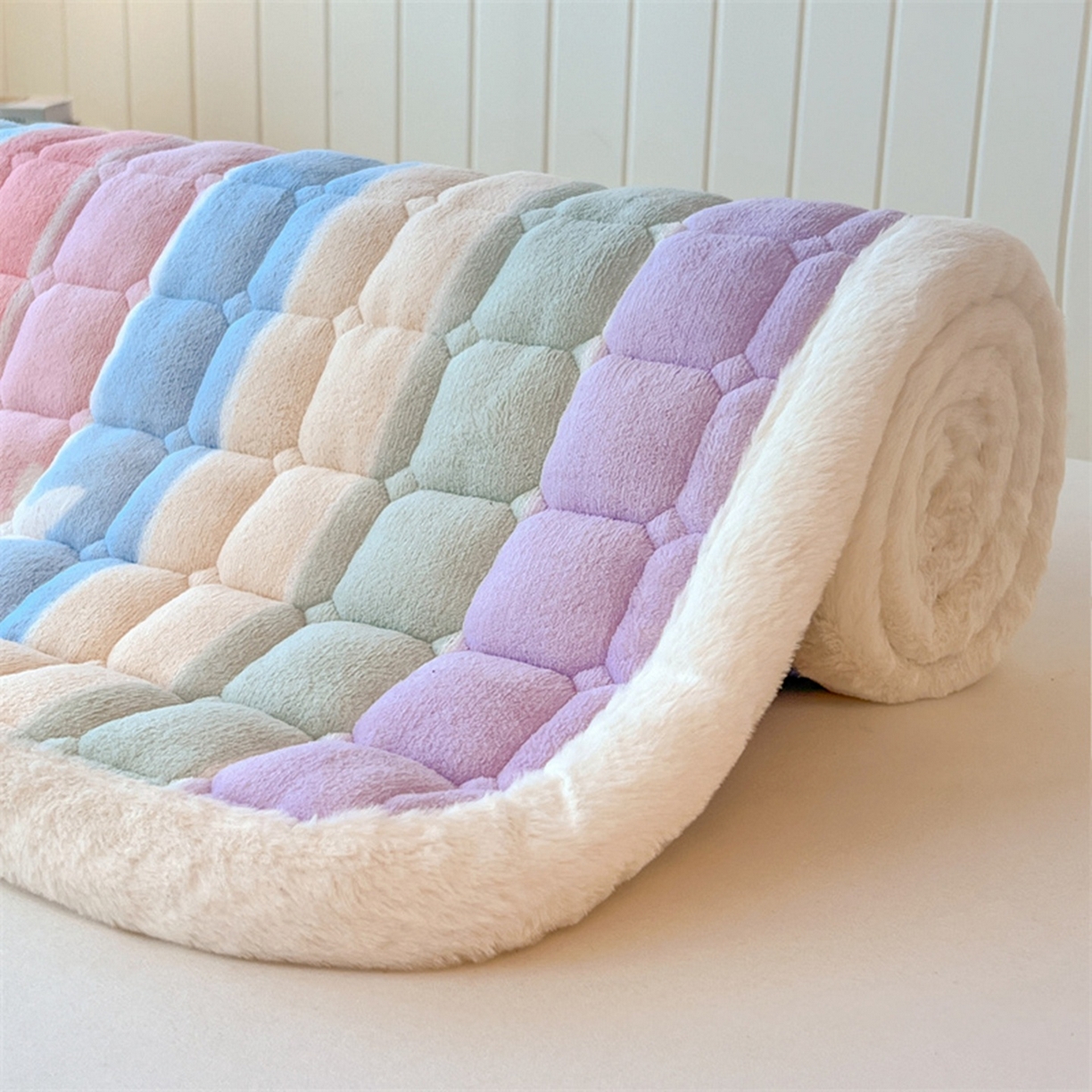 91家纺网 家纺一手货源 找家纺 喜居 2025新款印花牛奶绒夹棉床褥垫床垫子褥子 彩虹郁金香