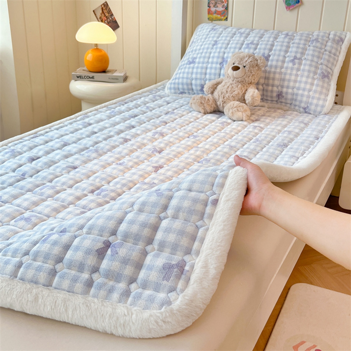 喜居 2025新款印花牛奶绒夹棉床褥垫床垫子褥子 兰格浅浅