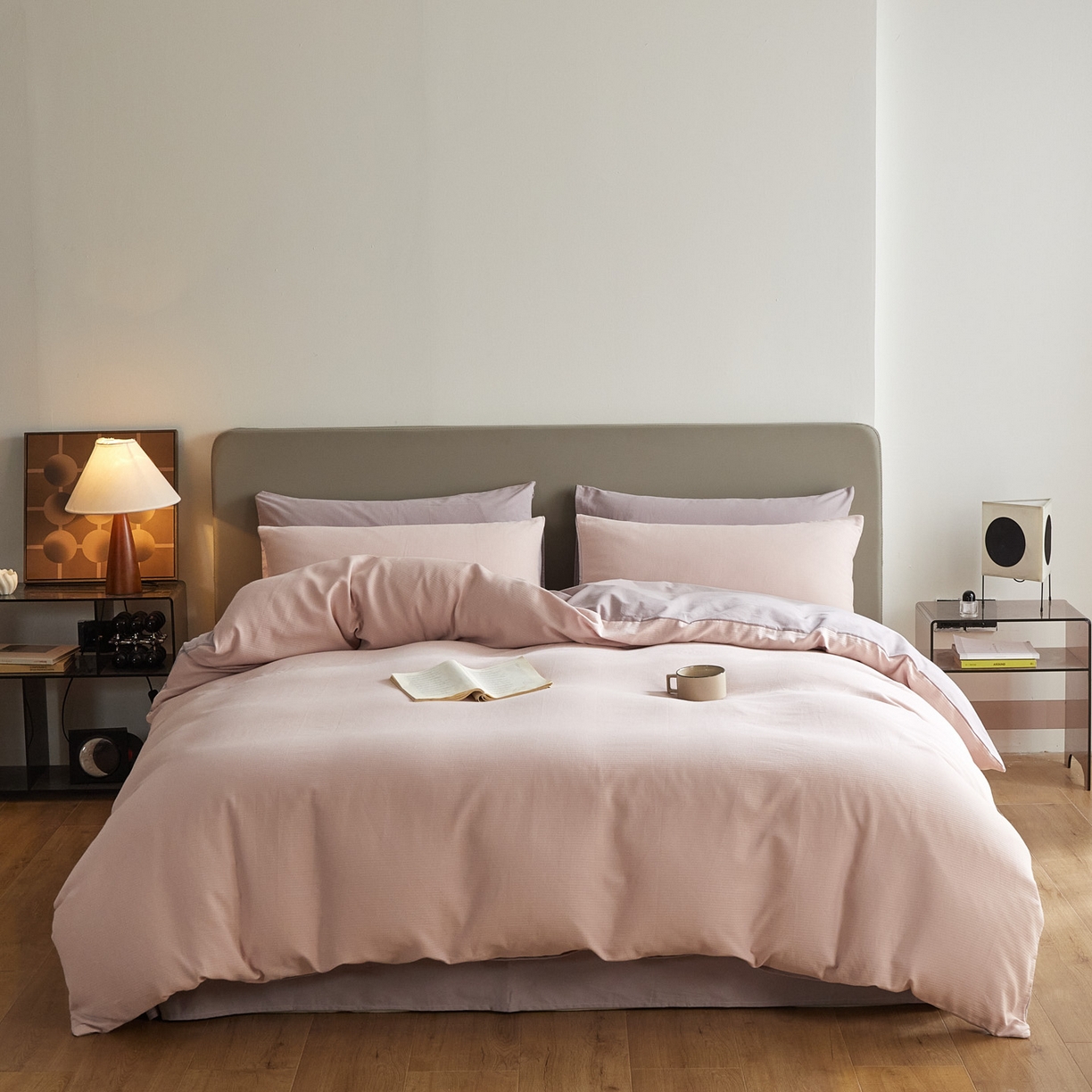 慕尚家纺 2025新款100s全棉提花磨毛四件套 白桃烟粉+雪紫色