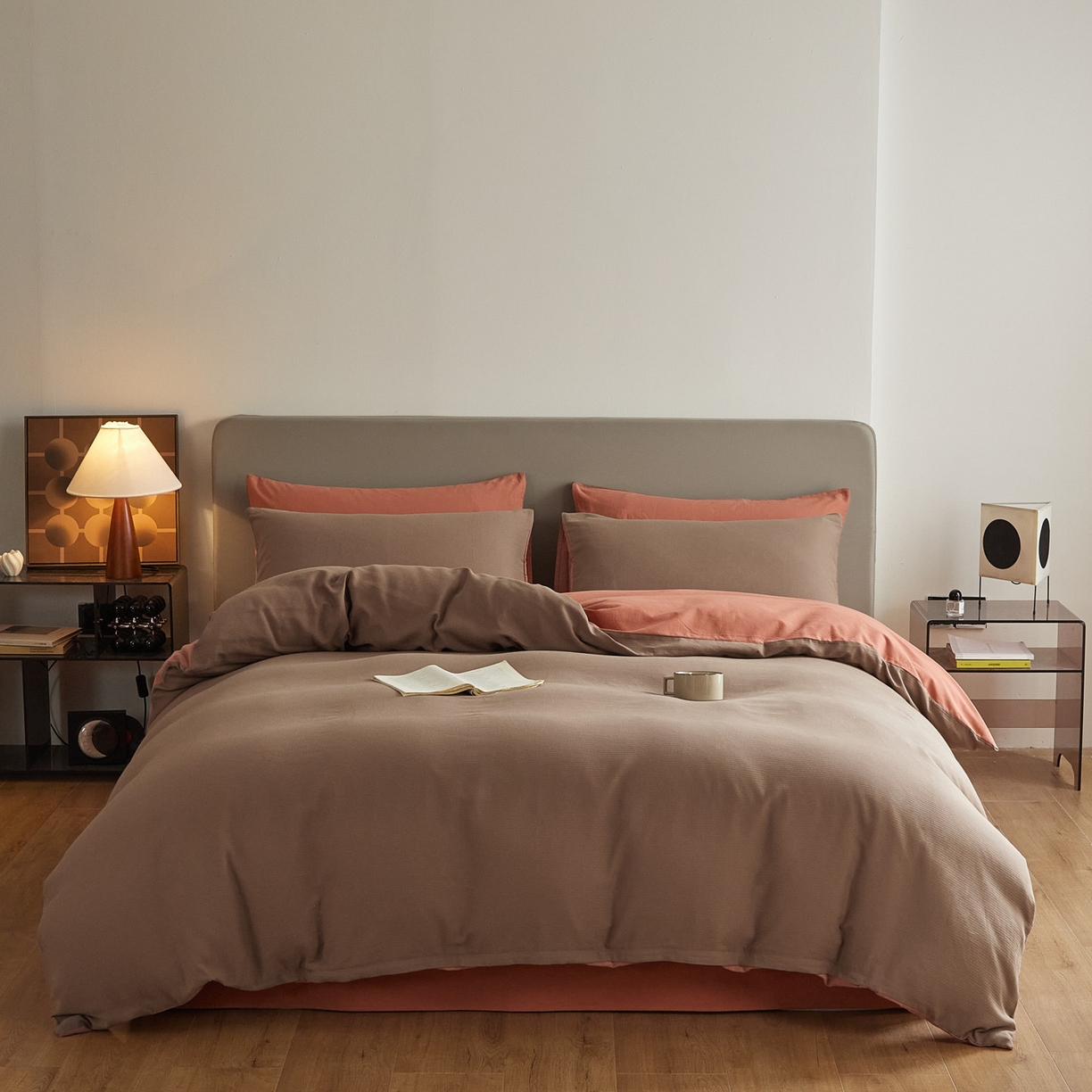 慕尚家纺 2025新款100s全棉提花磨毛四件套 暖咖+橘黄