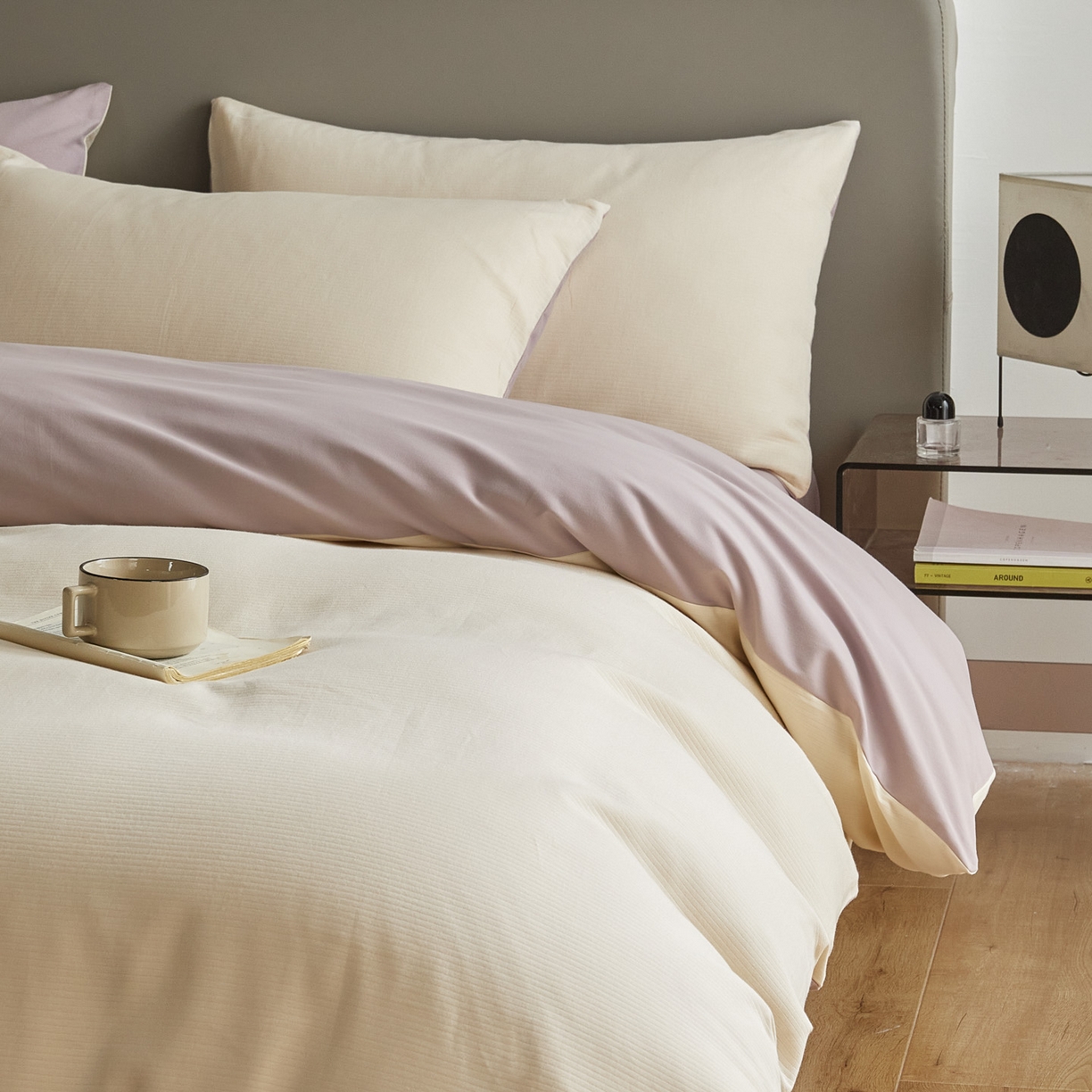 91家纺网 家纺一手货源 找家纺 慕尚家纺 2025新款100s全棉提花磨毛四件套 落日夕照+雪紫色