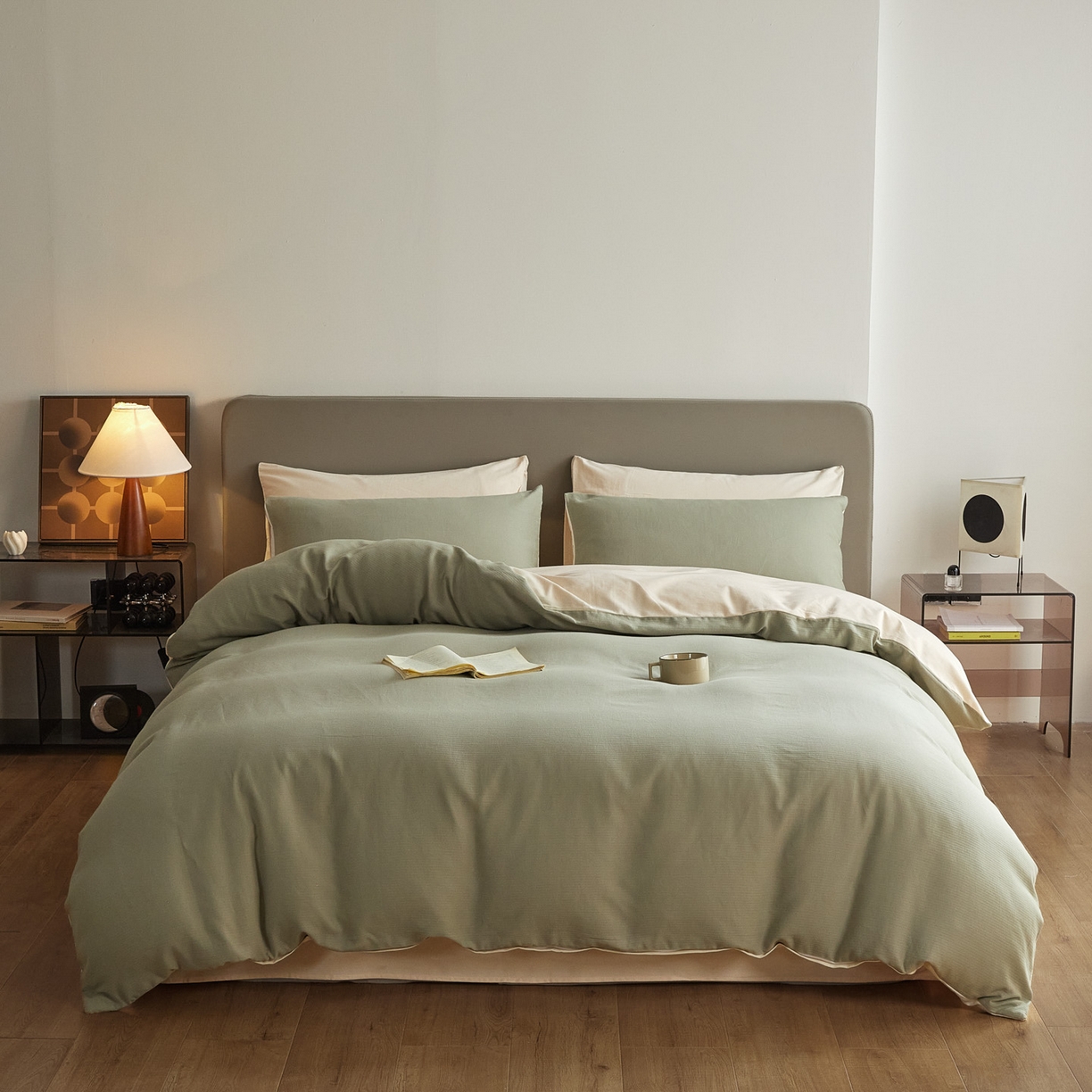 慕尚家纺 2025新款100s全棉提花磨毛四件套 松露青+舒芙蕾白