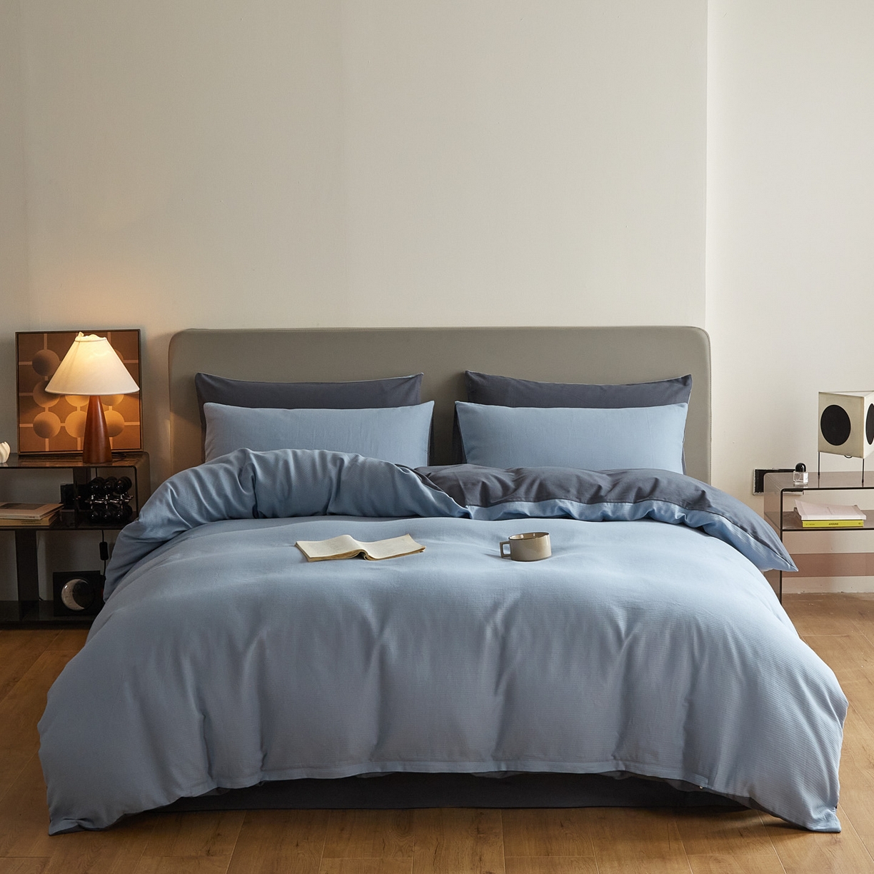 慕尚家纺 2025新款100s全棉提花磨毛四件套 亚蓝+朵蓝色