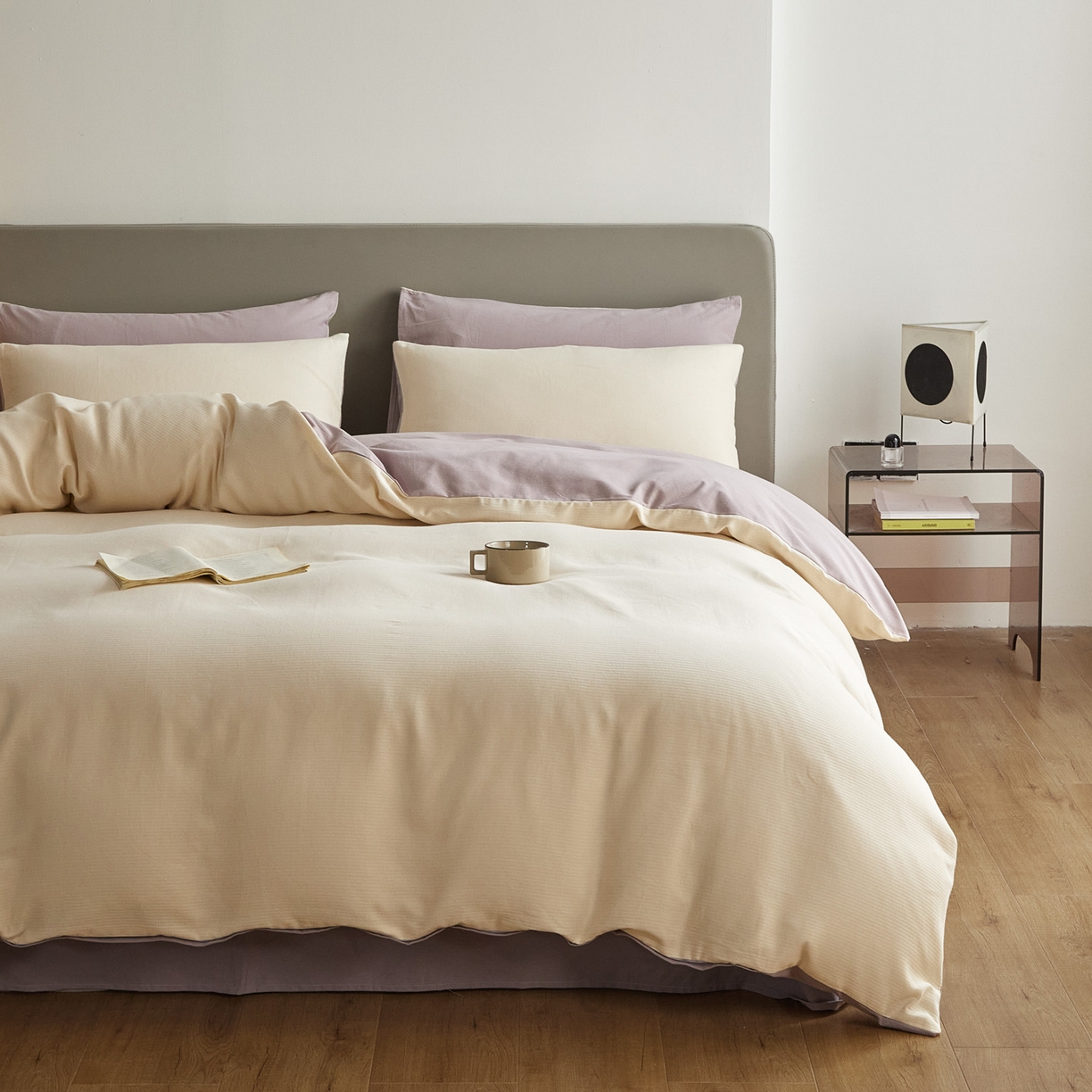 91家纺网 家纺一手货源 找家纺 慕尚家纺 2025新款100s全棉提花磨毛四件套 落日夕照+雪紫色