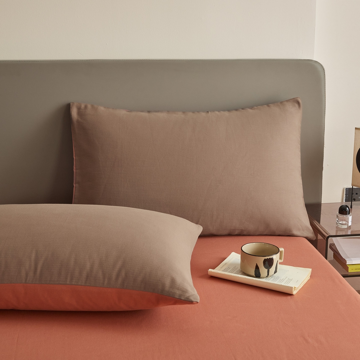 91家纺网 家纺一手货源 找家纺 慕尚家纺 2025新款100s全棉提花磨毛四件套 暖咖+橘黄