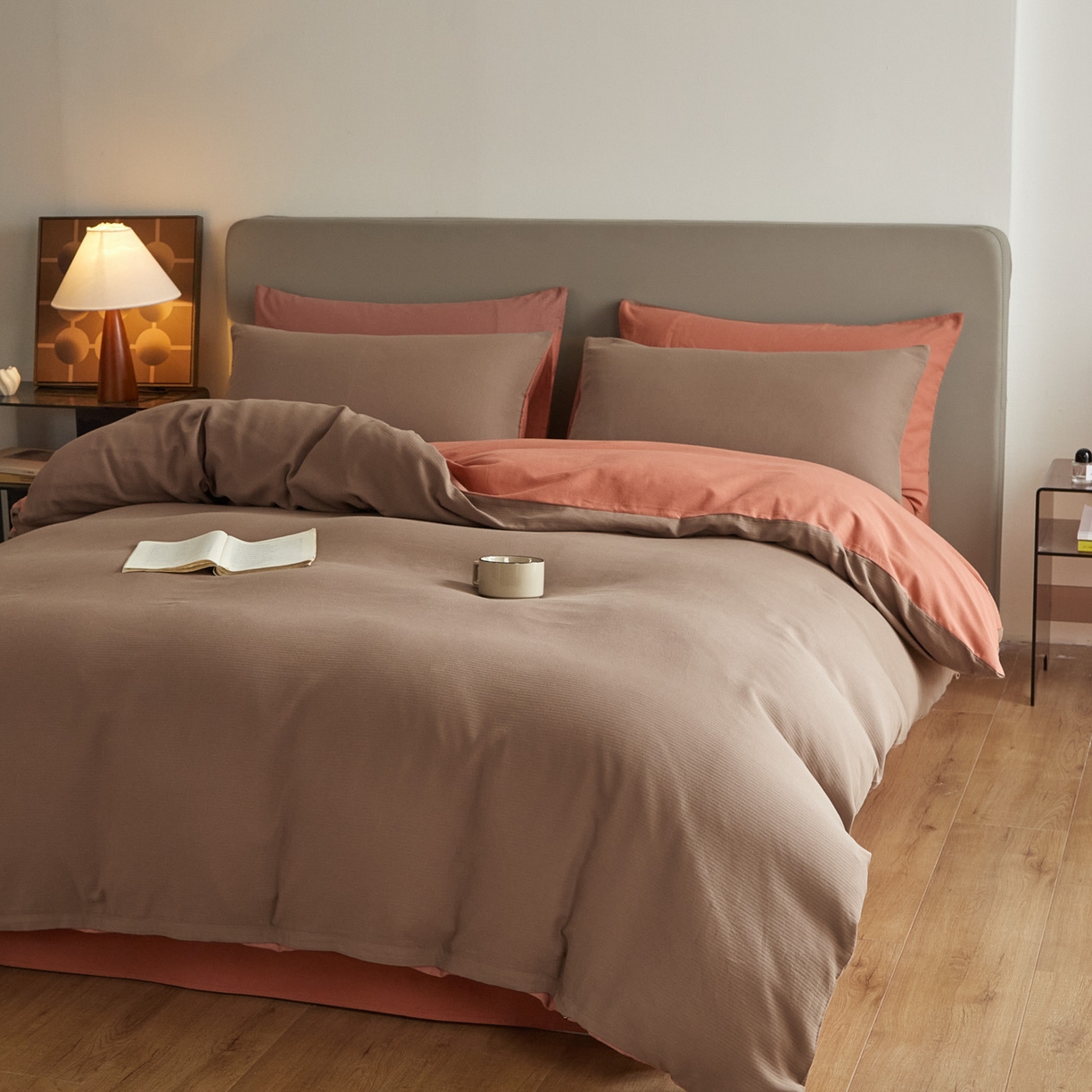 91家纺网 家纺一手货源 找家纺 慕尚家纺 2025新款100s全棉提花磨毛四件套 暖咖+橘黄