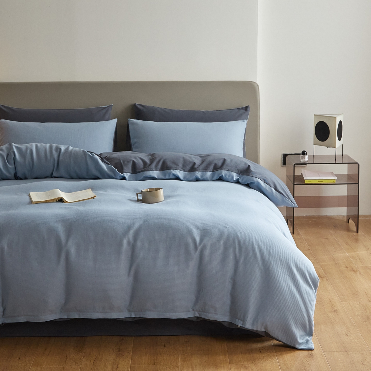 91家纺网 家纺一手货源 找家纺 慕尚家纺 2025新款100s全棉提花磨毛四件套 亚蓝+朵蓝色