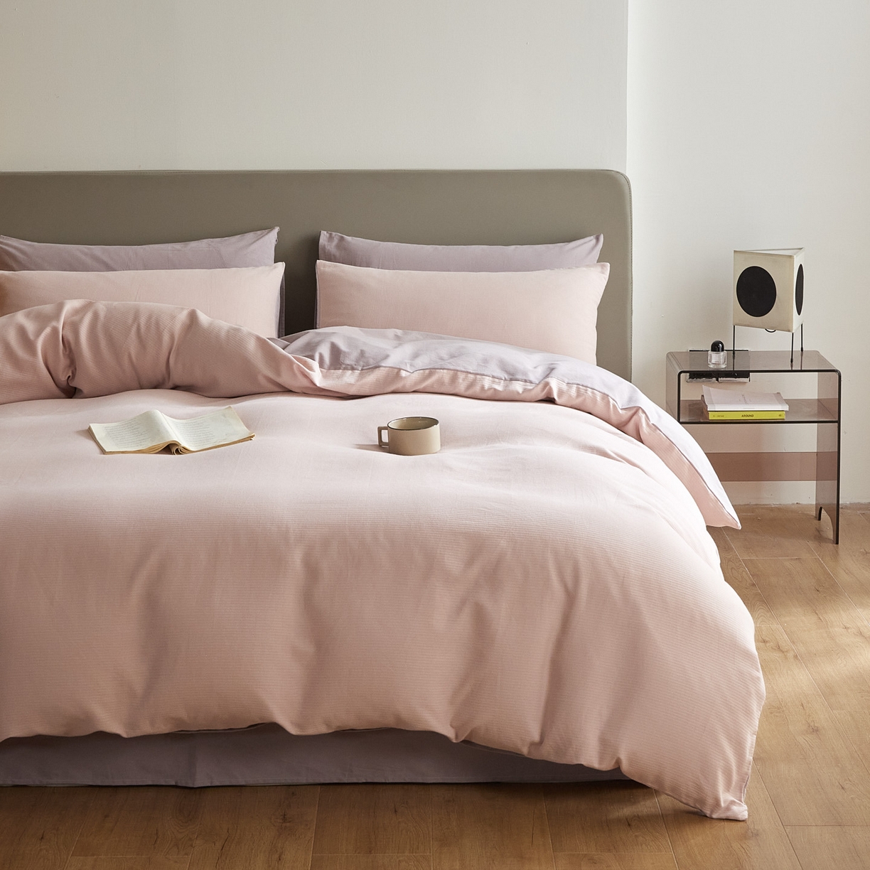 91家纺网 家纺一手货源 找家纺 慕尚家纺 2025新款100s全棉提花磨毛四件套 白桃烟粉+雪紫色