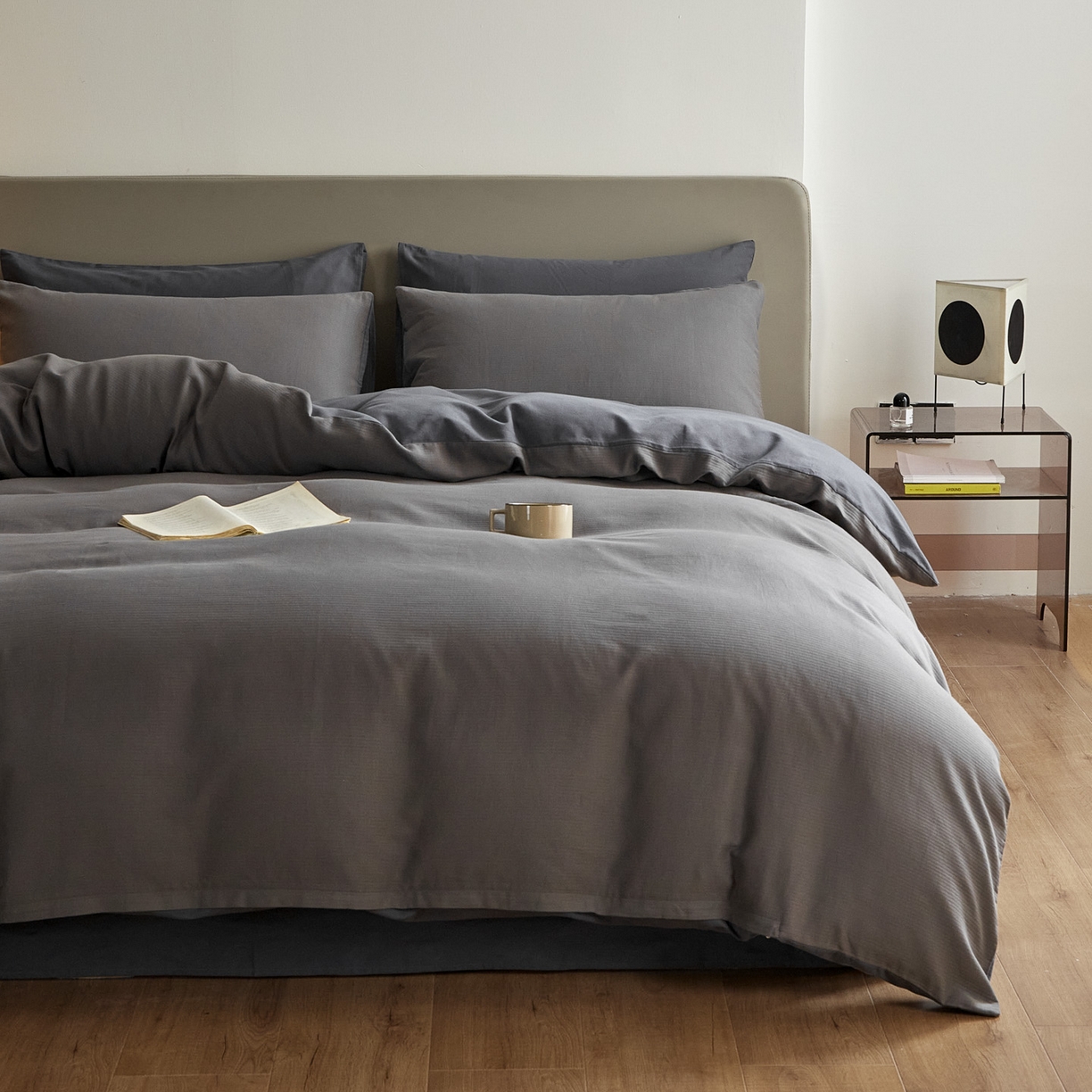 91家纺网 家纺一手货源 找家纺 慕尚家纺 2025新款100s全棉提花磨毛四件套 香灰+深灰色