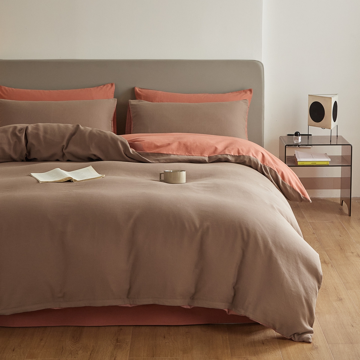 91家纺网 家纺一手货源 找家纺 慕尚家纺 2025新款100s全棉提花磨毛四件套 暖咖+橘黄