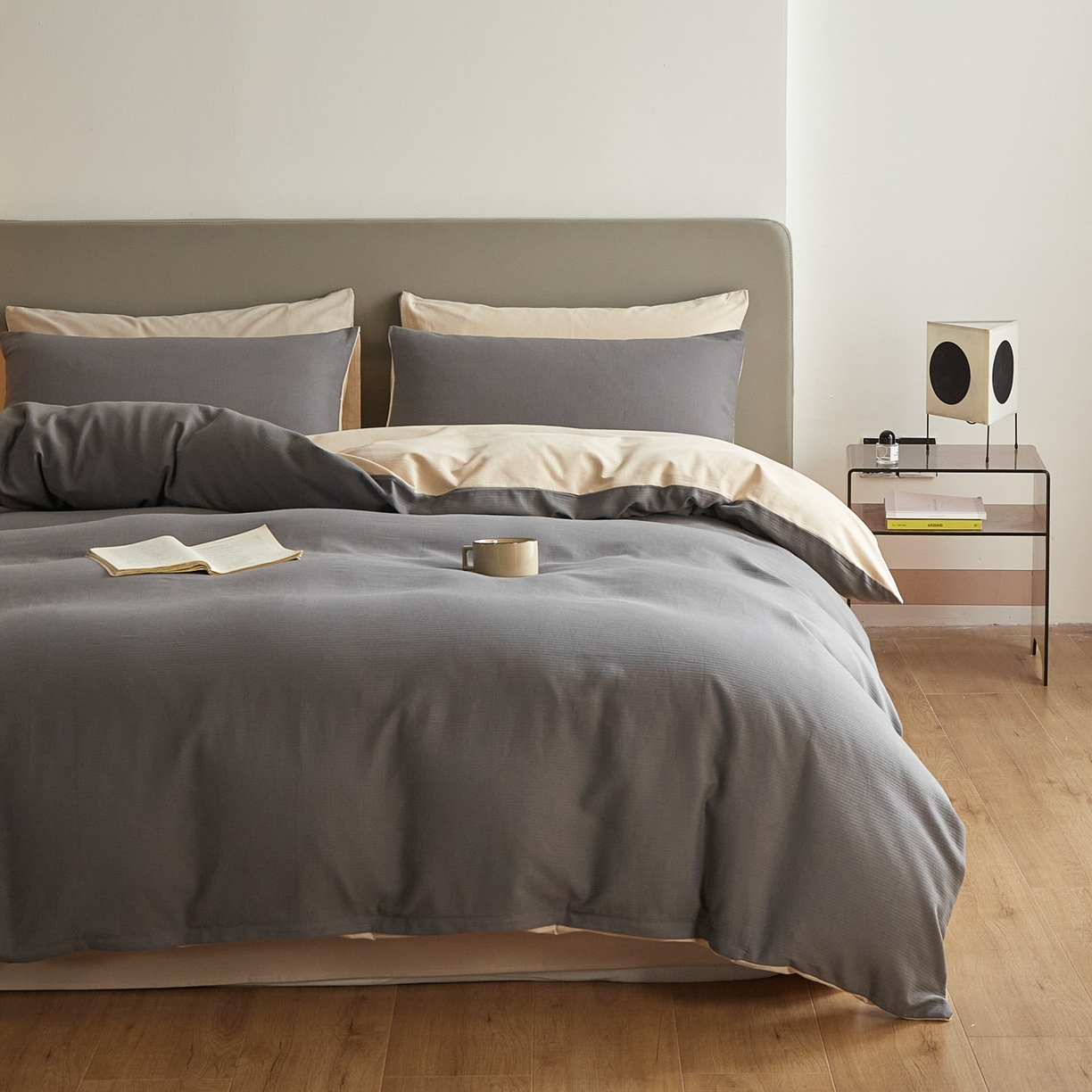 91家纺网 家纺一手货源 找家纺 慕尚家纺 2025新款100s全棉提花磨毛四件套 香灰+夕照白