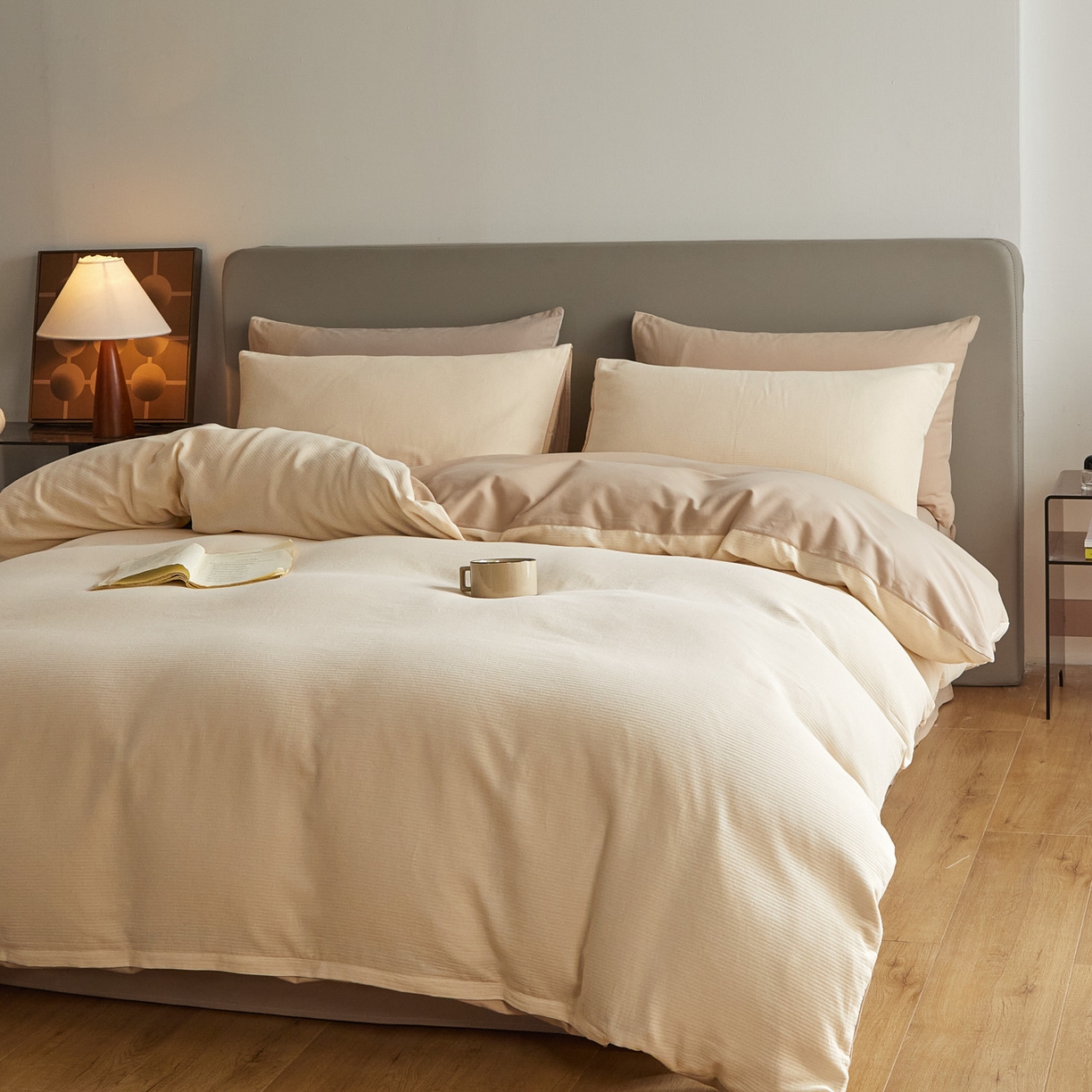 91家纺网 家纺一手货源 找家纺 慕尚家纺 2025新款100s全棉提花磨毛四件套 落日夕照+亚麻浅咖