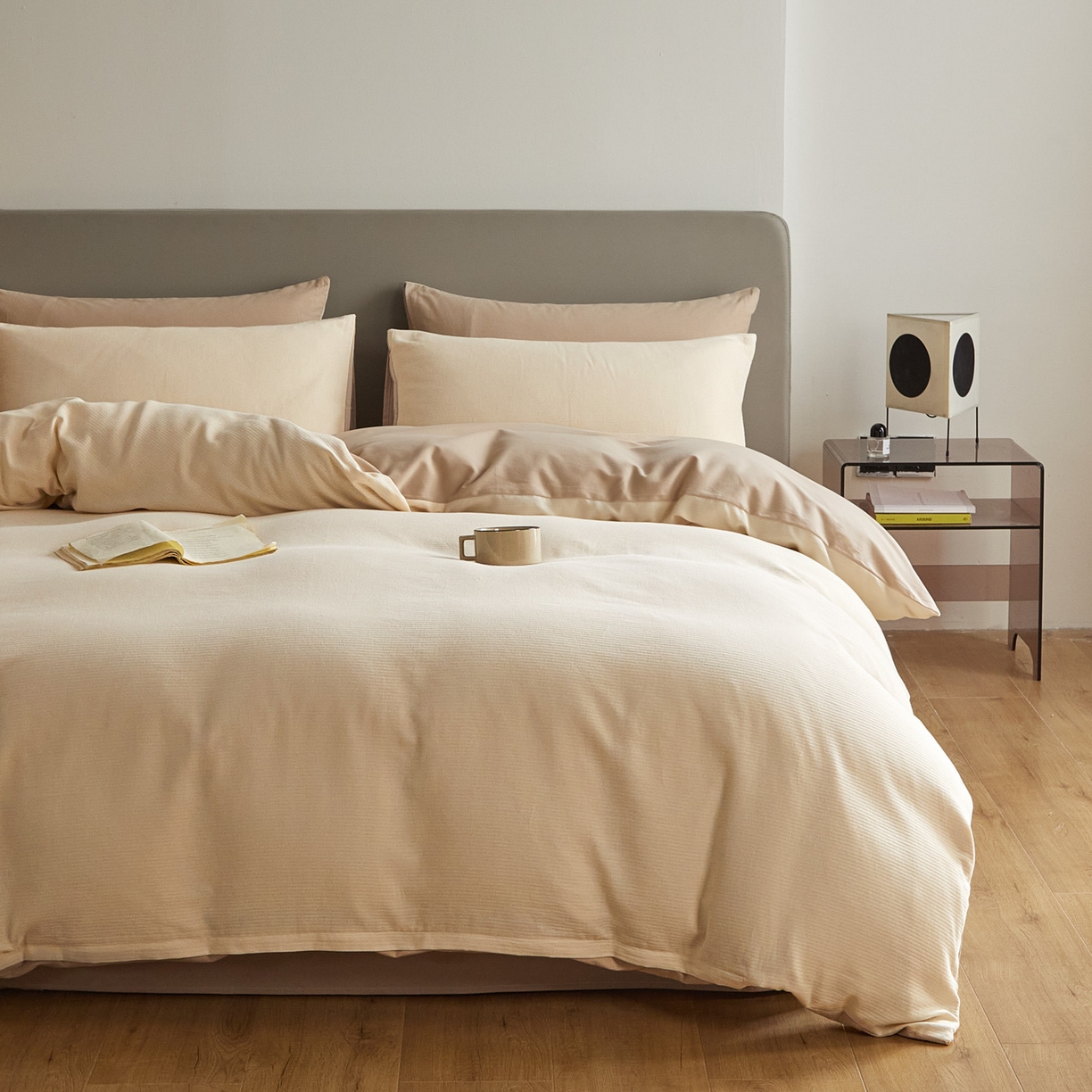 91家纺网 家纺一手货源 找家纺 慕尚家纺 2025新款100s全棉提花磨毛四件套 落日夕照+亚麻浅咖