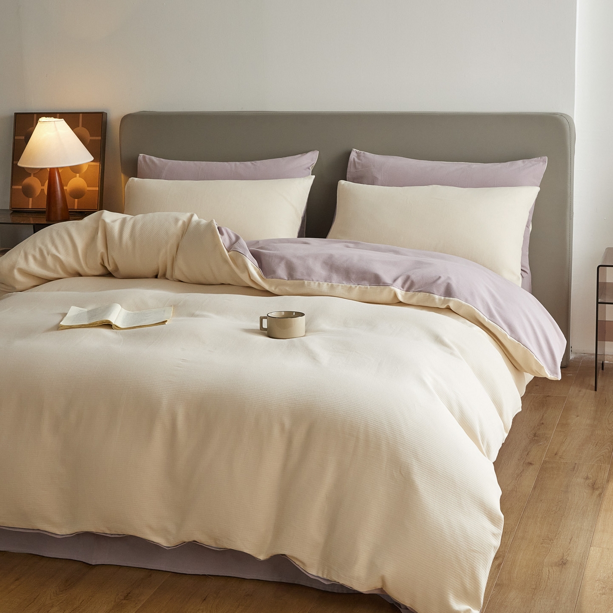 91家纺网 家纺一手货源 找家纺 慕尚家纺 2025新款100s全棉提花磨毛四件套 落日夕照+雪紫色