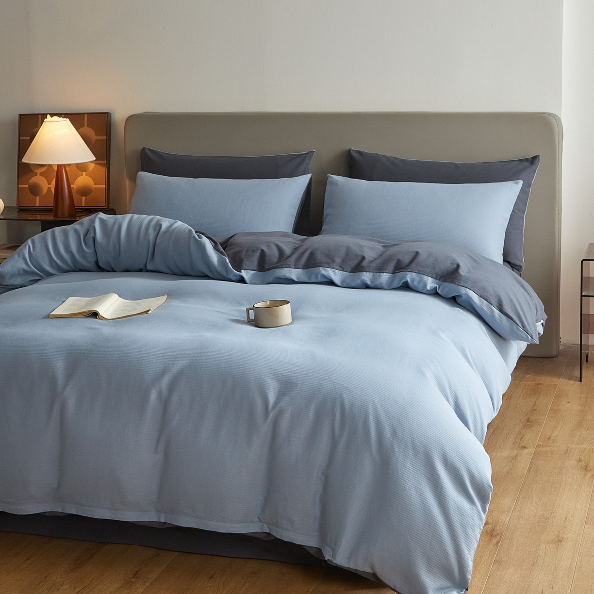 91家纺网 家纺一手货源 找家纺 慕尚家纺 2025新款100s全棉提花磨毛四件套 亚蓝+朵蓝色