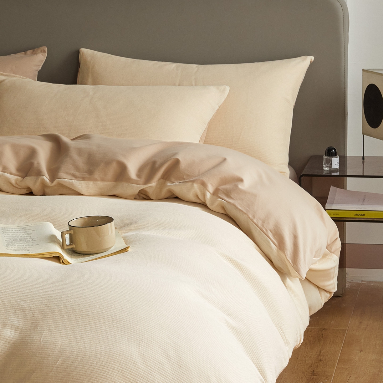 91家纺网 家纺一手货源 找家纺 慕尚家纺 2025新款100s全棉提花磨毛四件套 落日夕照+亚麻浅咖